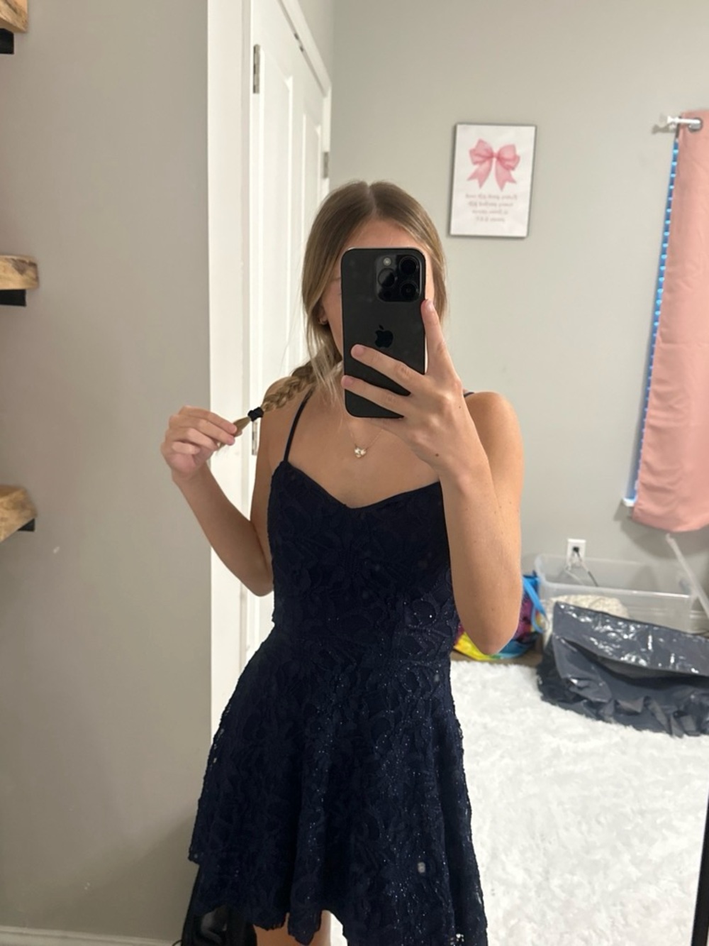Navy Lace Spaghetti Strap Mini Dress